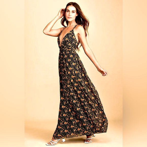 Lulu's Black Floral Maxi Dress Navy with Gold and Green Print - Picture 13 of 13